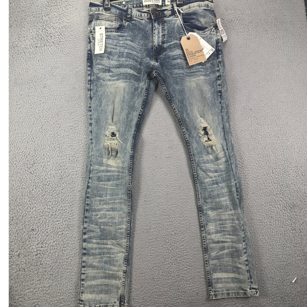 Evolution In Design Mens Slim Skinny Jeans 36X34 Blue Distressed Whisk Denim NEW